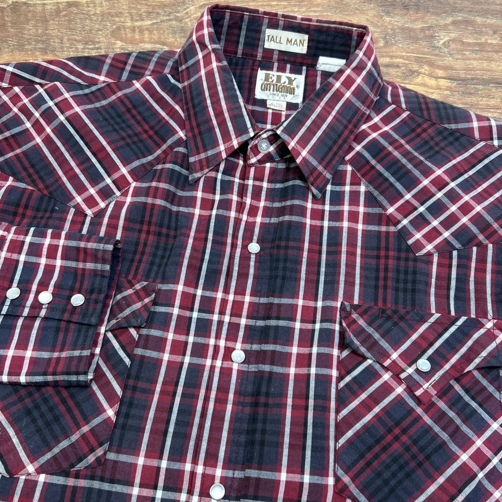 Ely Cattleman Tall Man‎ XLT Men's L/S Black Red Plaid Pearl Snap Rodeo Western